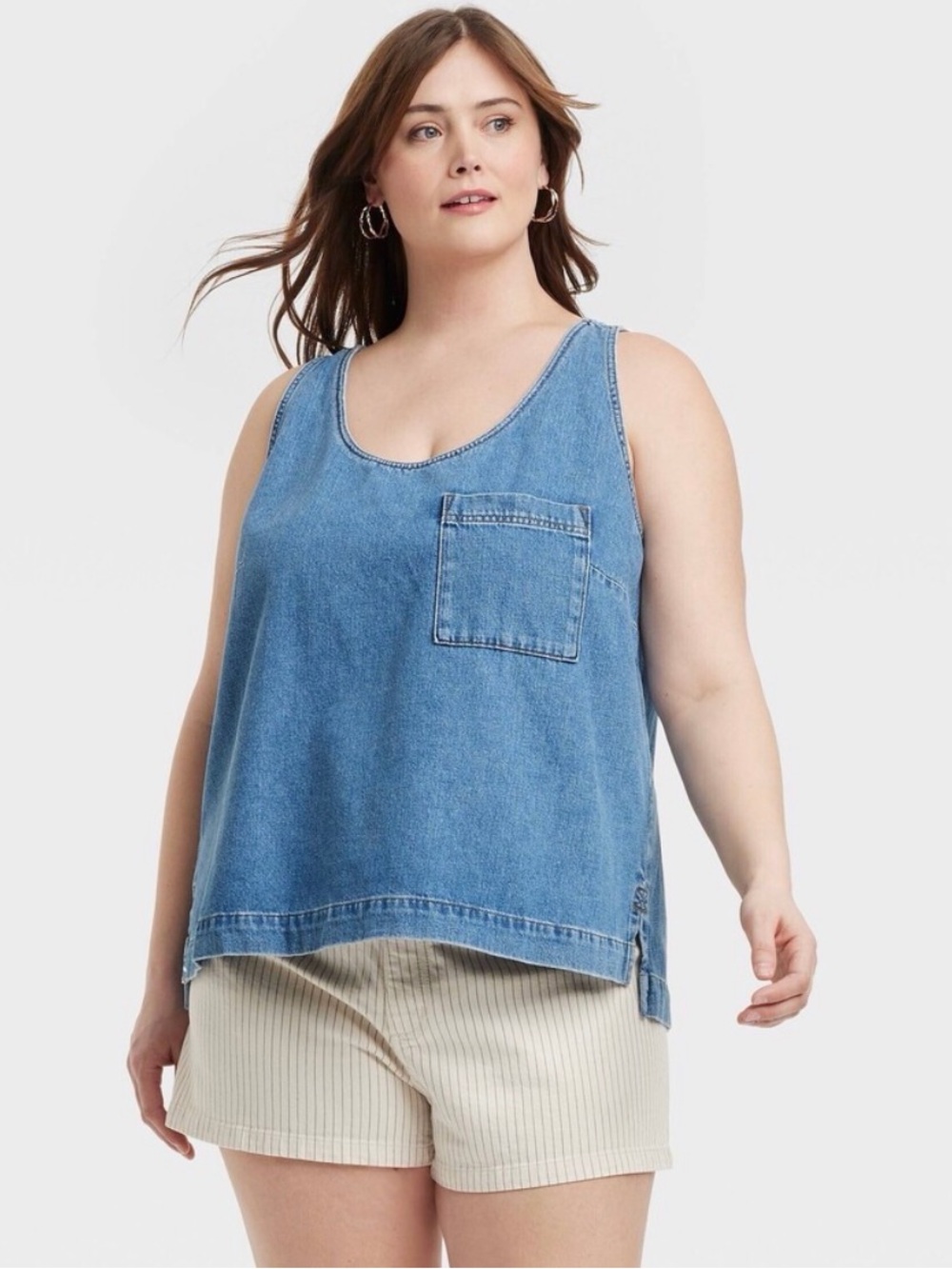 Universal Thread Blue Denim Scoop-Neck Tank with Chest Pocket